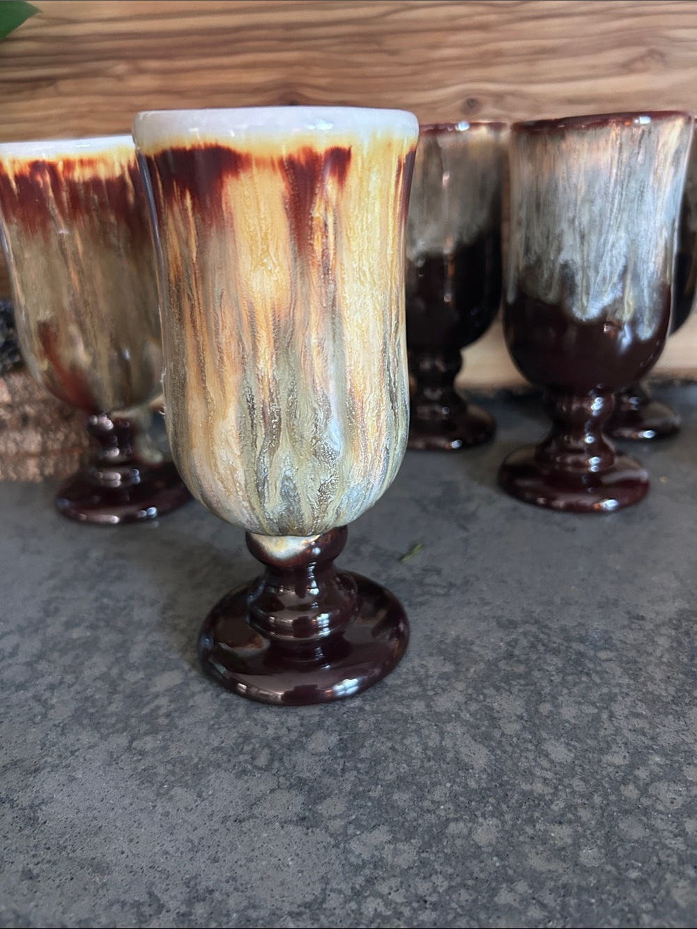 One of a kind Pottery Goblets Brown, Cream and Blue Drip-Glaze